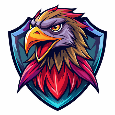 A fierce, colorful eagle head with a sharp beak and intense eyes, set against a glowing blue shieldのイラスト素材