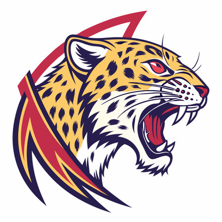 Fierce spotted jaguar head with red eyes, open mouth, bared fangs, and abstract red/purple graphic elementsのイラスト素材