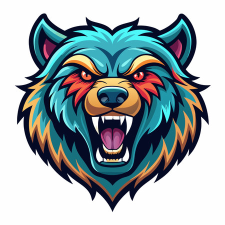 Fierce teal and orange stylized wolf or bear head growling with glowing red eyes and bared fangsのイラスト素材