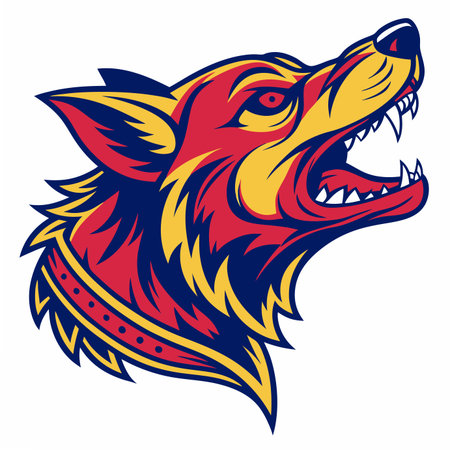 Graphic illustration of a fierce red, yellow, and blue wolf head howling aggressively, wearing a collarのイラスト素材