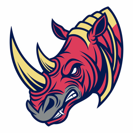 A fierce, aggressive rhinoceros head in red and gold with bared teeth and a large horn, stylized artのイラスト素材