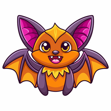 A cheerful, vibrant cartoon bat with big eyes and a happy smile, featuring orange, purple, and yellow colorsのイラスト素材
