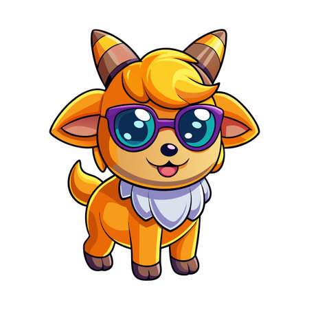 Cute cartoon golden kid goat wearing purple sunglasses and a white bib, smiling happilyのイラスト素材