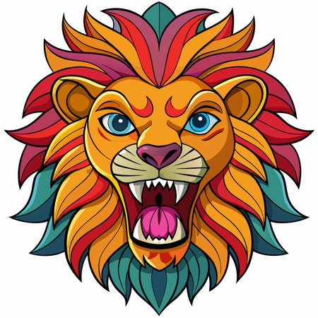 Vibrant, colorful lion head illustration with an open mouth, sharp fangs, and a flowing, multi-hued maneのイラスト素材