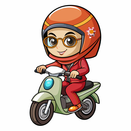 Charming cartoon rider in orange helmet, glasses, and suit, happily on a light green scooterのイラスト素材
