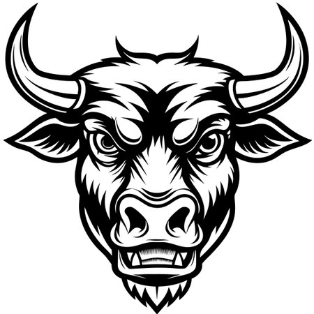 Fierce, stylized black and white illustration of a bull's head with large horns and angry expressionのイラスト素材