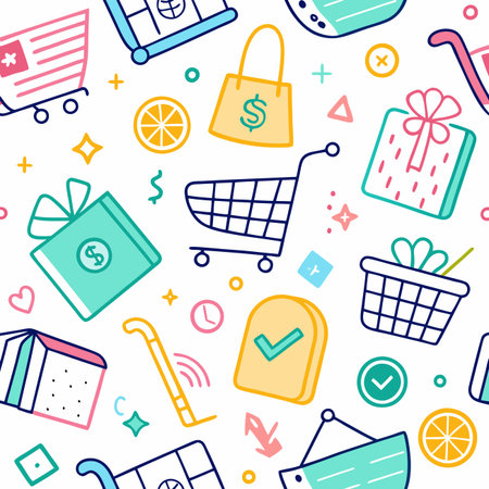 A vibrant seamless pattern featuring colorful doodle icons of shopping carts, bags, gift boxes, and checkout symbolsのイラスト素材
