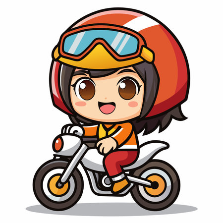 Cute cartoon girl in a red helmet with goggles, happily riding a white motorcycleのイラスト素材