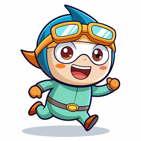 Superhero boy running cartoon character vector illustration. Cute superhero boy running.のイラスト素材