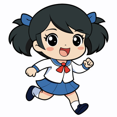 Cute Little Girl in School Uniform - Colored Cartoon Illustration, Vectorのイラスト素材