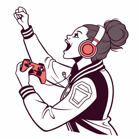 Vector illustration of a girl playing video games with a joystick and headphonesのイラスト素材