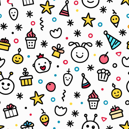 Seamless pattern with cute doodle birthday elements. Vector illustration.のイラスト素材