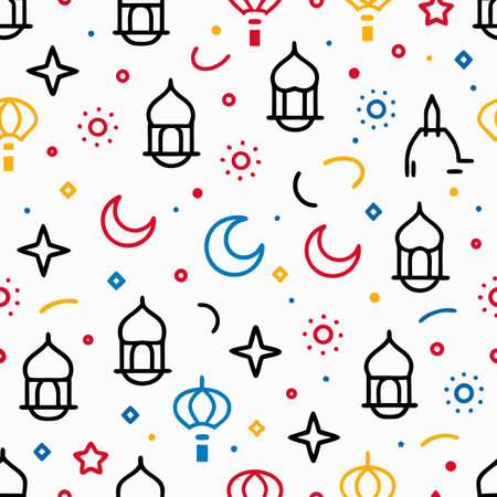 Seamless pattern with lanterns, stars and crescent. Ramadan Kareem background. Vector illustrationのイラスト素材