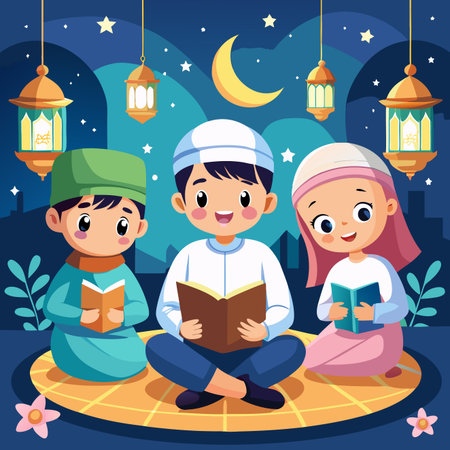 Muslim boy and girl reading quran together at night. Vector illustrationのイラスト素材