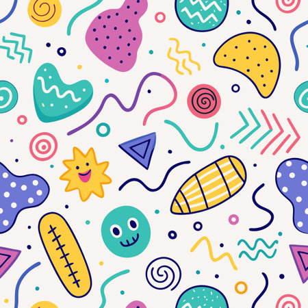 Cute hand drawn seamless pattern with abstract shapes. Doodle vector background.のイラスト素材