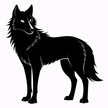 Vector image of a wolf in black silhouette on a white background.のイラスト素材