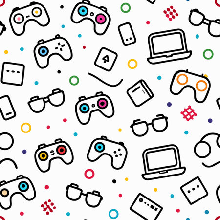 Seamless pattern with gamepad, glasses and laptop. Vector illustration.のイラスト素材