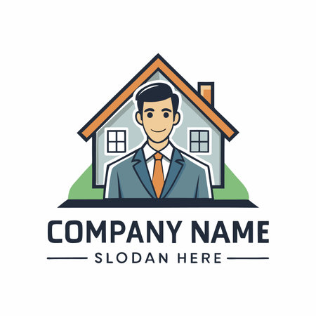 Real estate logo design template. Businessman in front of a house.のイラスト素材