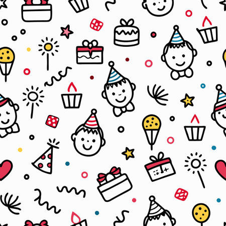 Birthday party seamless pattern. Cute hand drawn doodle background.のイラスト素材