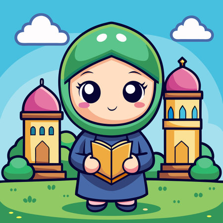 Cute cartoon muslim girl reading a book. Vector illustration.のイラスト素材