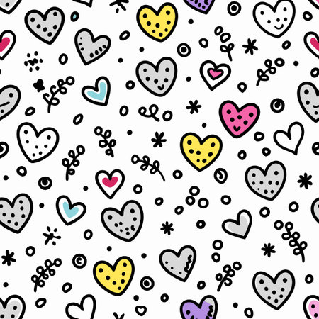Seamless pattern with hearts and flowers. Hand drawn vector illustration.のイラスト素材