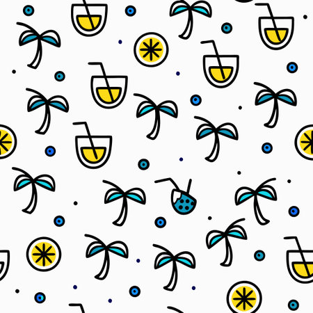 Seamless pattern with palm trees, coconuts and cocktails.のイラスト素材