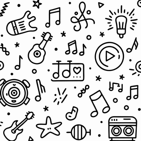 Music doodle seamless pattern. Black and white vector illustration.のイラスト素材