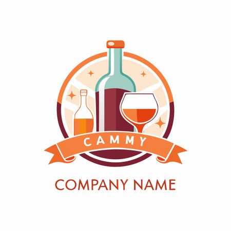 Cognac and wine logo design template. Vector illustration of brandy bottle, glass and ribbon.のイラスト素材