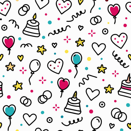 Seamless pattern with hearts, balloons, stars and cakes.