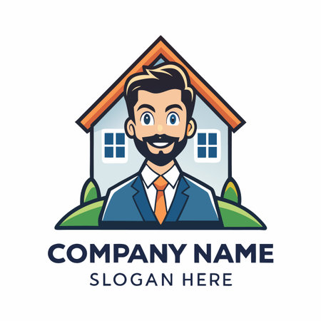 Company logo design template. Businessman in front of his house. Vector illustration.のイラスト素材