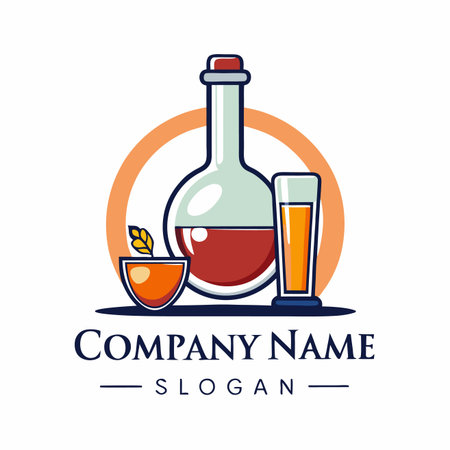 Alcoholic drink logo. Vector illustration of a bottle, a glass and a glass with a drink.のイラスト素材