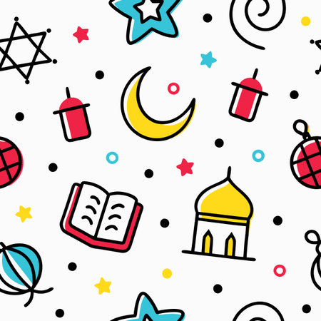 Seamless pattern with mosque, moon and stars. Vector illustrationのイラスト素材