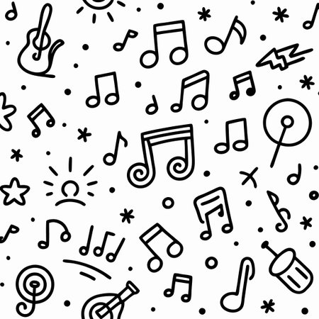 Music notes doodle seamless pattern. Black and white vector illustration.のイラスト素材