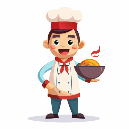Chef holding a bowl of food. Vector illustration in cartoon styleのイラスト素材