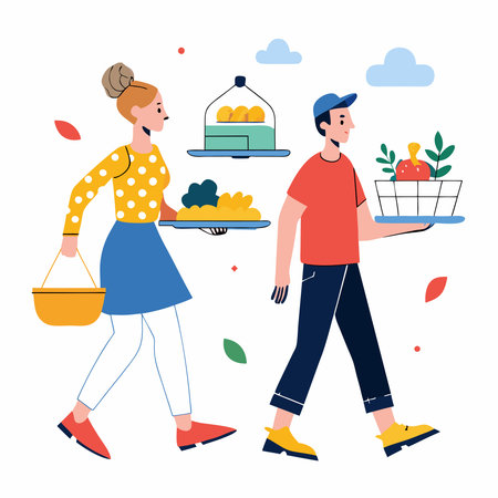 Couple with baskets of food. Vector illustration in flat style.のイラスト素材