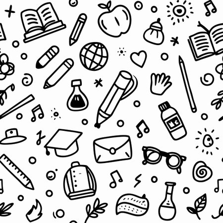 Vector school doodle seamless pattern. Black and white background with school supplies.のイラスト素材