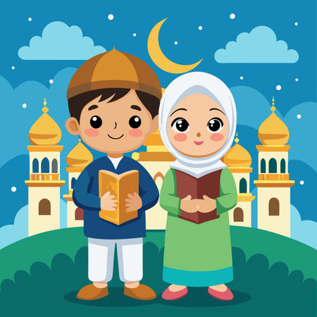 Muslim boy and girl reading Quran in front of mosque. Vector illustrationのイラスト素材