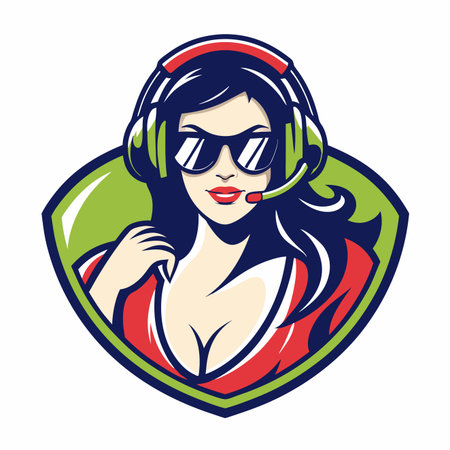 Illustration of a female radio host with headphones set inside shield done in retro style.のイラスト素材
