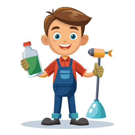 Cute boy holding cleaning equipment. Vector illustration in cartoon style.のイラスト素材
