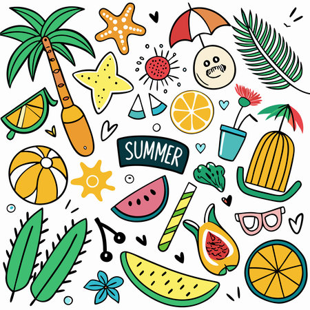 Hand drawn summer doodles. Vector illustration. Isolated on white background.のイラスト素材