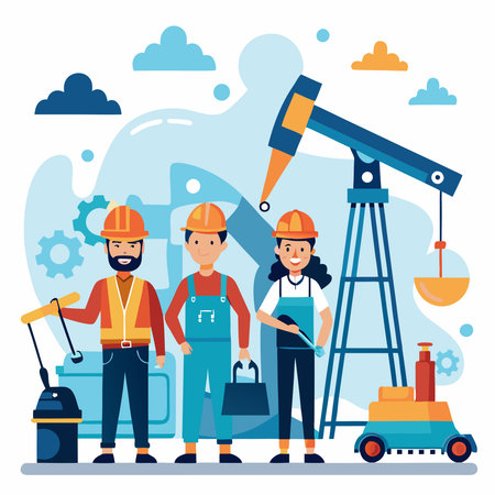 Industrial workers with tools and equipment. Vector illustration in flat styleのイラスト素材