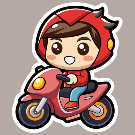 Cute boy riding a scooter. Vector illustration in cartoon style.のイラスト素材