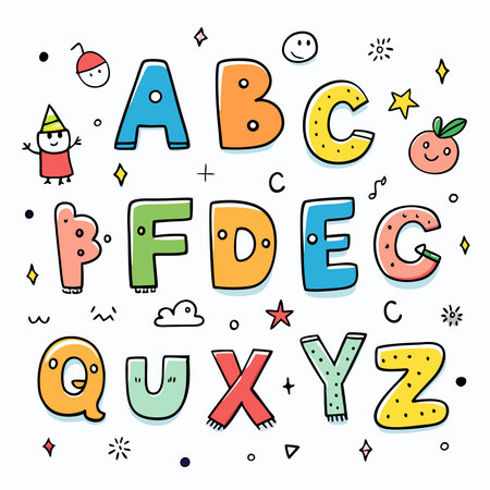 Cute hand drawn alphabet. Vector illustration. Lettering for kids.のイラスト素材