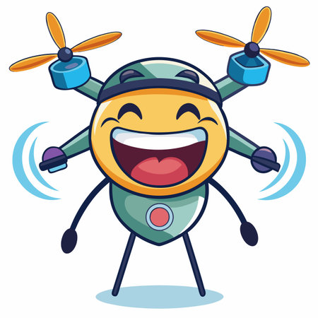 Vector Illustration of a Cute Cartoon Flying Robot Character with Droneのイラスト素材