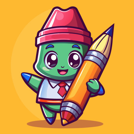 Cute cartoon superhero character holding a pencil and eraser. Vector illustration.のイラスト素材