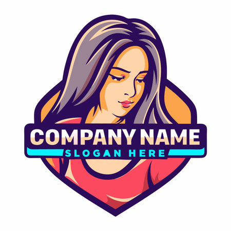 Vector illustration of a beautiful girl with long hair in a red T-shirt with the words Company Name.のイラスト素材