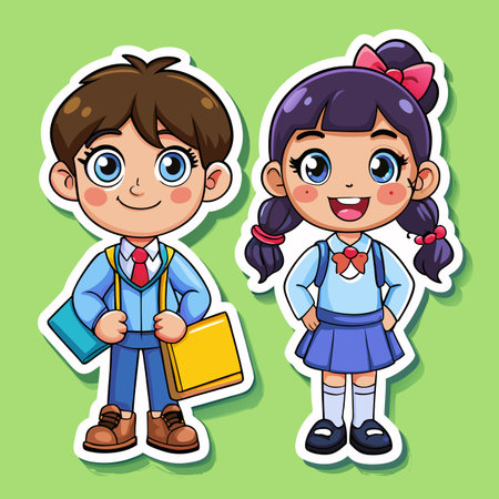 Cute school boy and girl with backpack and book vector illustration graphic designのイラスト素材
