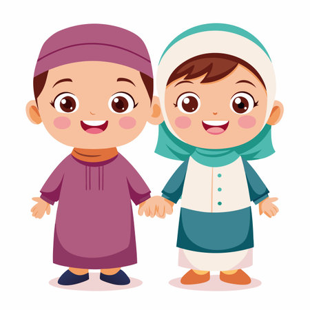 cute muslim boy and girl wearing traditional clothes vector illustration graphic designのイラスト素材