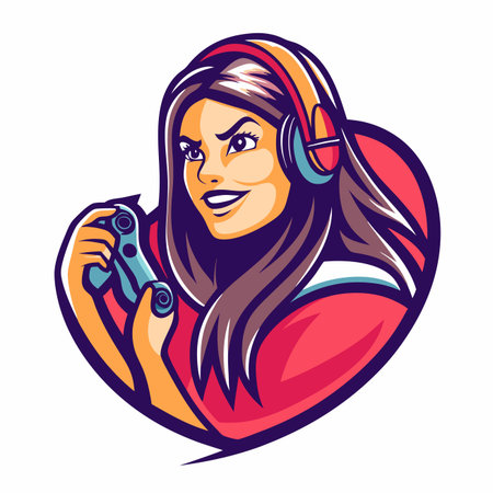 Female gamer playing video game with headset and controller. Vector illustration.のイラスト素材