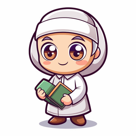 Muslim boy with book isolated on a white background, vector illustration.のイラスト素材